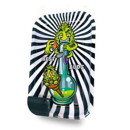 Best Buds large metal rolling tray with colorful cartoon design and magnetic grinder card.