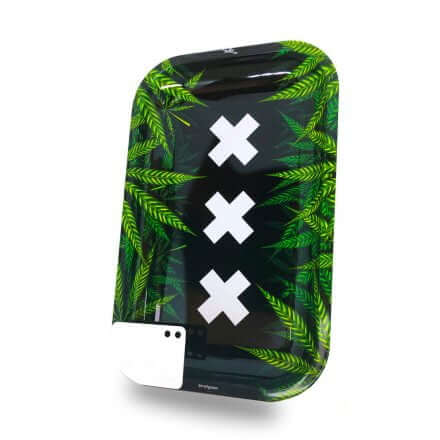 Large metal rolling tray with cannabis leaf design and magnetic grinder card for optimal rolling sessions.
