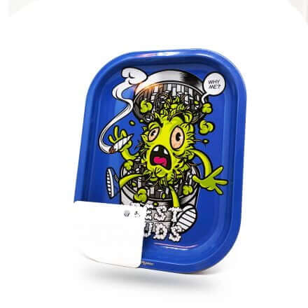 Best Buds Small Rolling Tray with vibrant cartoon design and Grinder-Card for a portable setup.