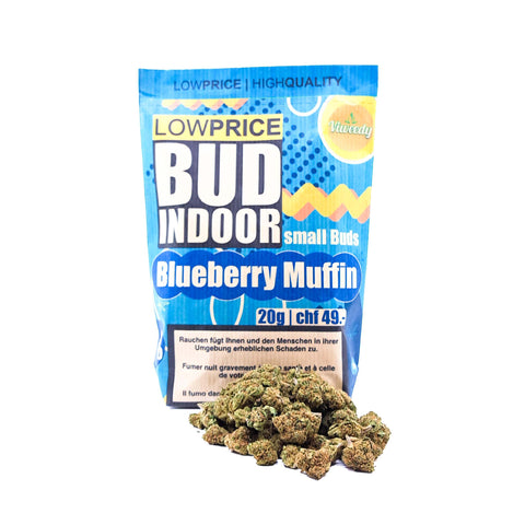 Viweedy CBD Blüten Indoor Blueberry Muffin Small Buds 20g mit fruchtigem Aroma und Popcornform.
