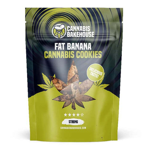 Cannabis Bakehouse Fat Banana Cookies packaging featuring tropical flavors and strong taste.
