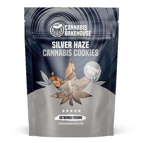 Packaging of Cannabis Bakehouse Silver Haze Cookies featuring strong flavor and a cannabis leaf design.