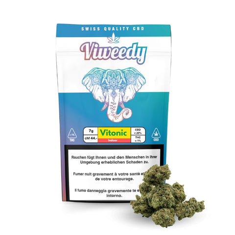 CBD Blüten Indoor - Vitonic Verpackung mit frischen Blüten und Elefanten-Logo auf der Vorderseite.
