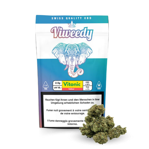 CBD Blüten Indoor - Vitonic - Vitweedy Packung mit erdigen, süßen Blüten und frischem Aroma.