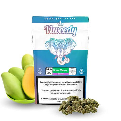 CBD Blüten Indoor Green Mango small buds package with mango fruit, showcasing vibrant green cannabis buds.
