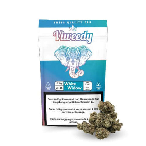 White Widow CBD Blüten Indoor von Viweedy, Swiss Quality, erdig-würziges Aroma, 7.5g Packung.