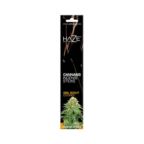 HaZe Cannabis Incense Sticks featuring Girl Scout Cookies scent, sweet earthy fragrance for a relaxing atmosphere.