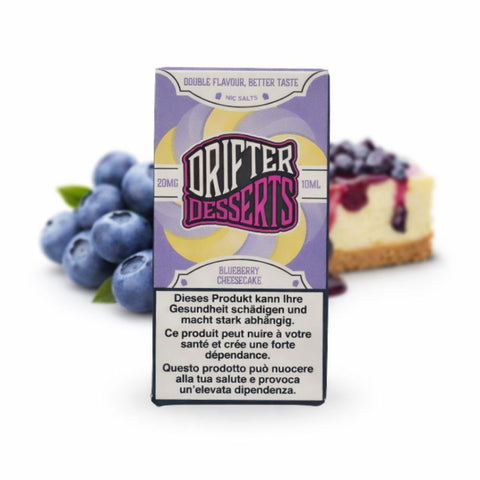 Drifter Bar Salts Blueberry Cheesecake 20mg Liquid 10ml mit Blaubeeren und Käsekuchen im Hintergrund.