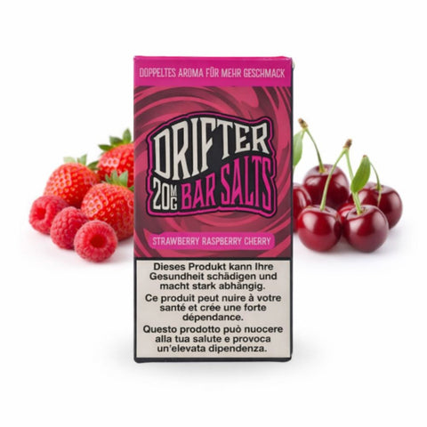 Drifter Bar Salts Strawberry Raspberry Cherry 20mg packaging with cherries and raspberries in background.