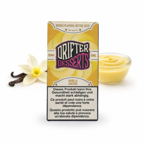 Drifter Bar Salts Desserts Vanilla Custard 20mg e-Liquid Packaging with Vanilla and Custard