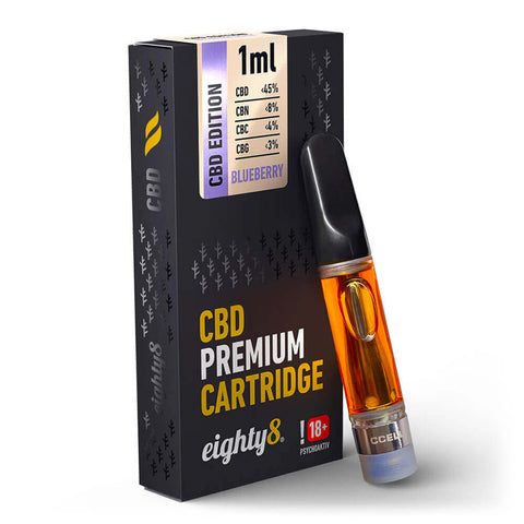 Eighty8 Blueberry CBD Cartridge 1ml with live resin and fruity blueberry flavor for a full-spectrum vaping experience.