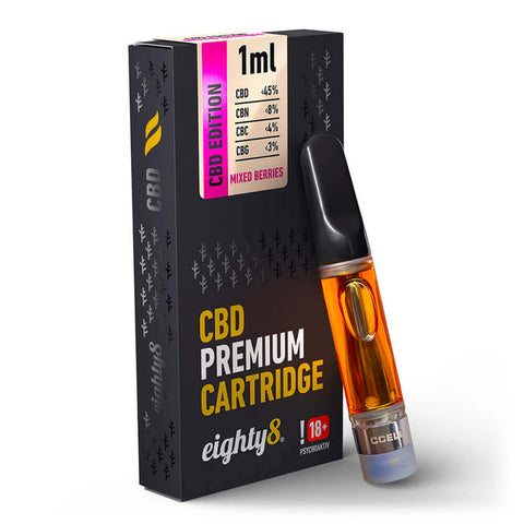 Eighty8 Mixed Berries CBD Cartridge 1ml, 45% CBD, full spectrum vape for aromatic experience.