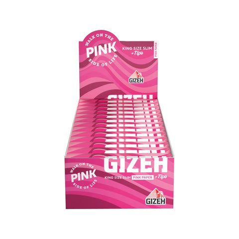 GIZEH Pink King Size Slim papers with filter tips displayed in a vibrant packaging, promoting stylish smoking.