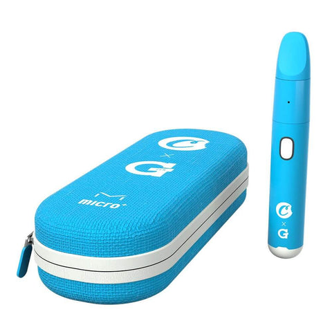 G Pen Micro+ Cookies Edition vape pen with blue case, compact design for oils and concentrates.