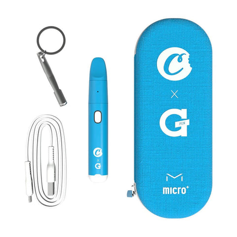 G Pen Micro+ Cookies Edition kit including vape pen, charger, keychain, and carrying case.