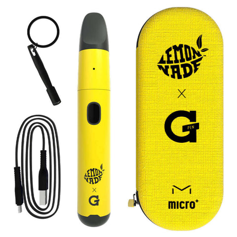 G Pen Micro+ Vape Pen Lemonade Edition with case, keychain, and charging cable