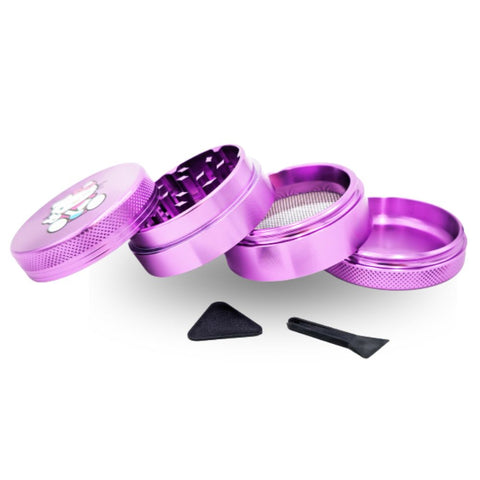 Hello Kitty Aluminium Grinder Bong Violet 50mm in stylischem lila Design, geöffnet mit feinen Rotorklingen.