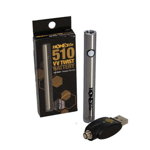 HONEYstick VV Twist Vape Pen for 510 cartridges with adjustable voltage and USB charger.