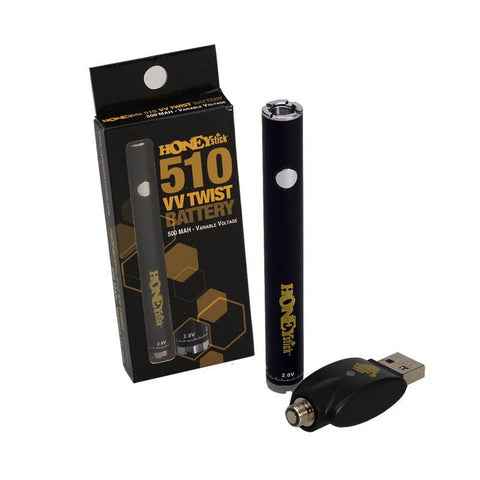 HONEYstick VV Twist Vape Pen 510er with 500mAh battery and USB charger, ideal for oil, wax, and liquid.