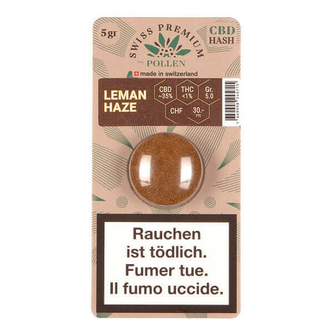 Swiss Premium Pollen Leman Haze 5g package showcasing CBD pollen with a soft texture and rich aroma.