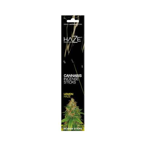 HaZe Cannabis Incense Sticks in Lemon scent packaging featuring floral design and clear branding.