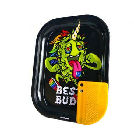 Best Buds small rolling tray with colorful design and yellow grinder card for portable use.