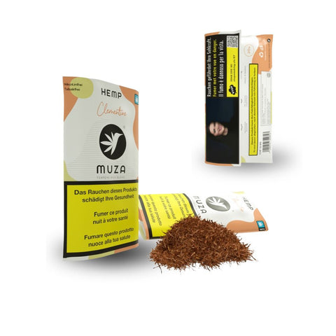 MUZAHemp Clementine Tabakersatz Verpackung mit Citrus-Aroma und frischem Hanf, hochwertiger tabakfreier Blend