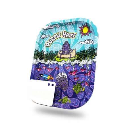 Vibrant Purple Haze rolling tray with colorful graphics and a white grinder-card, perfect for on-the-go use.