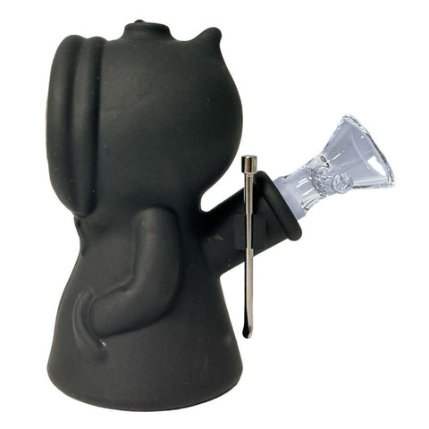 Death Silicone Pipe with Metal Spoon and Dab Container in Black, unique design, 11cm tall, perfect for collectors.