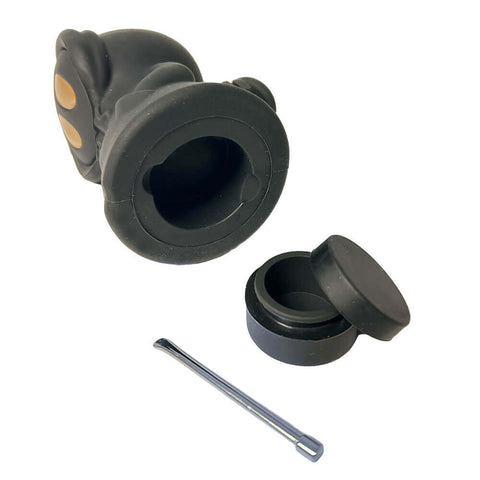 Death Silicone Pipe with Metal Spoon and Dab Container in black color, showcasing functional design and bold features.