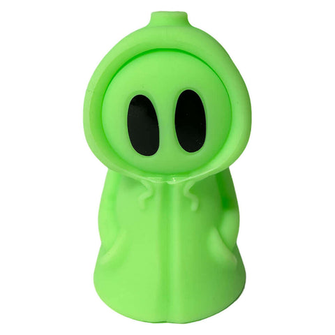 Green silicone pipe shaped like a ghost with black eyes and a hood, perfect for dab enthusiasts.