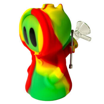 Death Silicone Pipe with Metal Spoon in Rasta colors, 11cm durable design and integrated dab container.