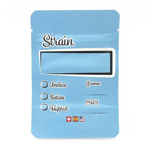 Blue cannabis strain bag with checkboxes for Indica, Sativa, Hybrid, and space for grams.