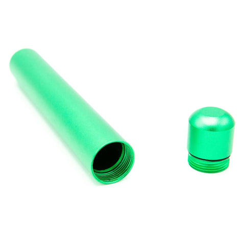 Smell proof green metal joint tube, 12 x 1.8 cm, waterproof, protects joints from odors and moisture.