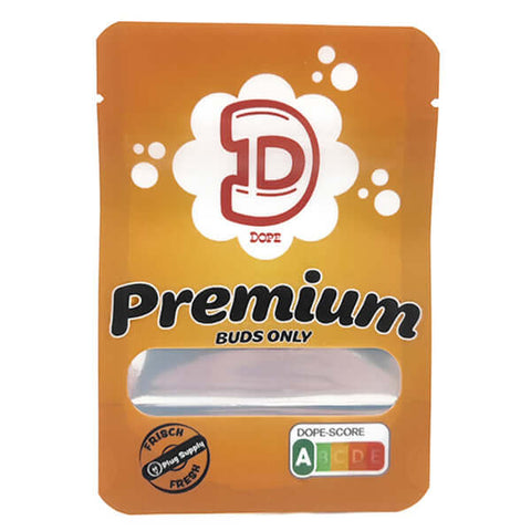 Dope Premium Mylar Bag featuring a vibrant orange design labeled 'Buds Only' and a DOPE-SCORE rating.