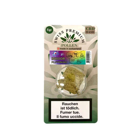 Swiss Premium Indoor Plutonium Pollen in packaging, featuring yellow hash with Kush aroma and cinnamon notes.