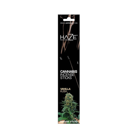 HaZe Cannabis Incense Sticks Vanilla Kush packaging with cannabis plant visual for soothing aroma.