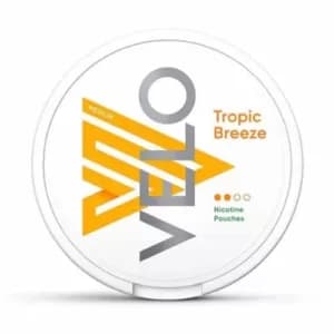 Velo Snus - Alle Sorten: Tropic Breeze Nicotine Pouches in weißer Dose mit gelben Elementen.