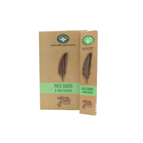 Green Tree Native Soul Palo Santo & Sweet Grass incense packaging, featuring natural wood scent for home cleansing and meditation.