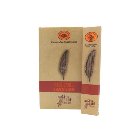 Green Tree Native Soul Palo Santo & Dragons Blood incense sticks packaging, showcasing natural wood scent for cleansing.