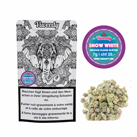 Viuweedy Snow White CBD indoor small buds packaging and product, featuring fresh mini buds and quality label.
