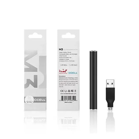 CCELL M3 Vape Pen in black, compact design with USB charger and packaging, perfect for discreet vaping.