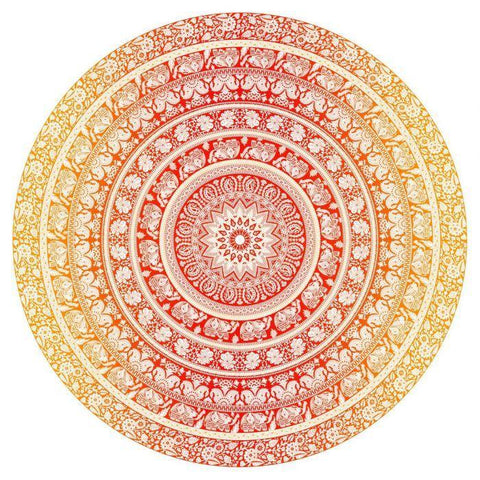 Runder Green Tree Baumwoll-Wandteppich mit Elefanten-Mandala und Lotusmotiv in Gelb, Rot und Pfirsichtönen, 180 cm Durchmesser