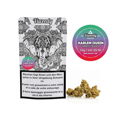 Harlem Queen Popcorn small buds pack with 10g product weight and vibrant packaging design against a white background.