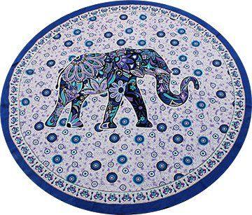 Runder Baumwoll-Wandteppich mit floral verziertem Elefanten in Blau, Türkis und Violett, umgeben von kreisförmigen Ornamenten, 152 cm Durchmesser