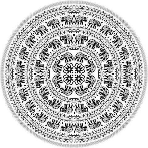Runder Baumwoll-Wandteppich mit schwarzen Elefanten in konzentrischen Kreisen, floralen Ornamenten und weissem Hintergrund, 180 cm Durchmesser