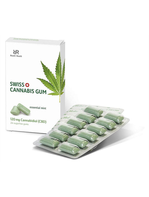 Swiss Cannabis Gum 120mg CBD in essential mint flavor with packaging and gum pieces displayed.