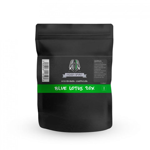 Packaging of Indian Spirit Blue Lotus 20x Extract, a concentrated resin of Nymphaea caerulea.