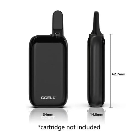 CCELL Rizo Vape Battery 510 thread in sleek black design, dimensions 34mm x 14.8mm x 62.7mm, cartridge not included.