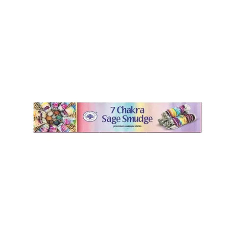 Green Tree 7 Chakra Sage Smudge premium masala sticks packaging featuring vibrant colors and chakra symbols.